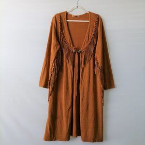 Magnolia Lane Womens Brown Fringe Drawstring Knee Length Tunic Top Size M